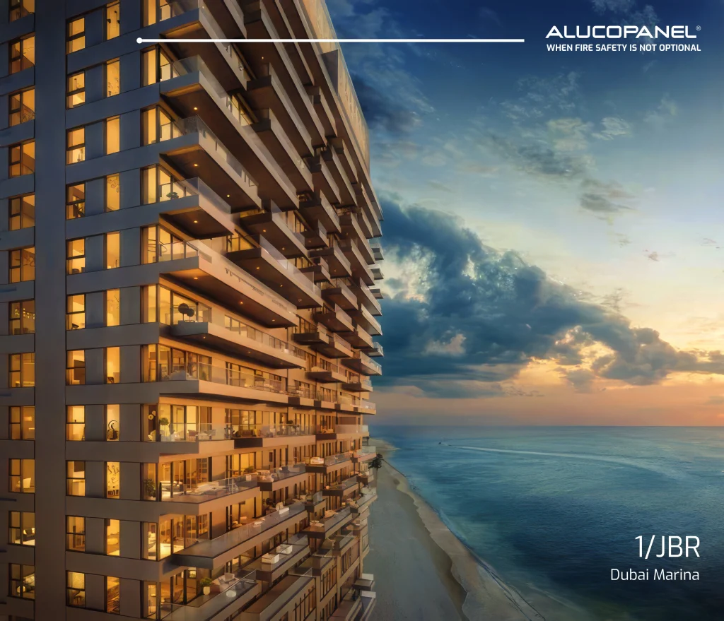 One JBR’s 46-storey tower clad with Alucopanel® A2 Core ACM, overlooking the Dubai coastline
