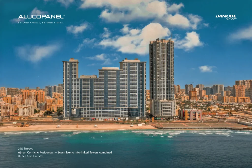Ajman Corniche Residences features seven interlinked towers rising a combined 255 storeys, clad with over 100,000 m² of Alucopanel® A2