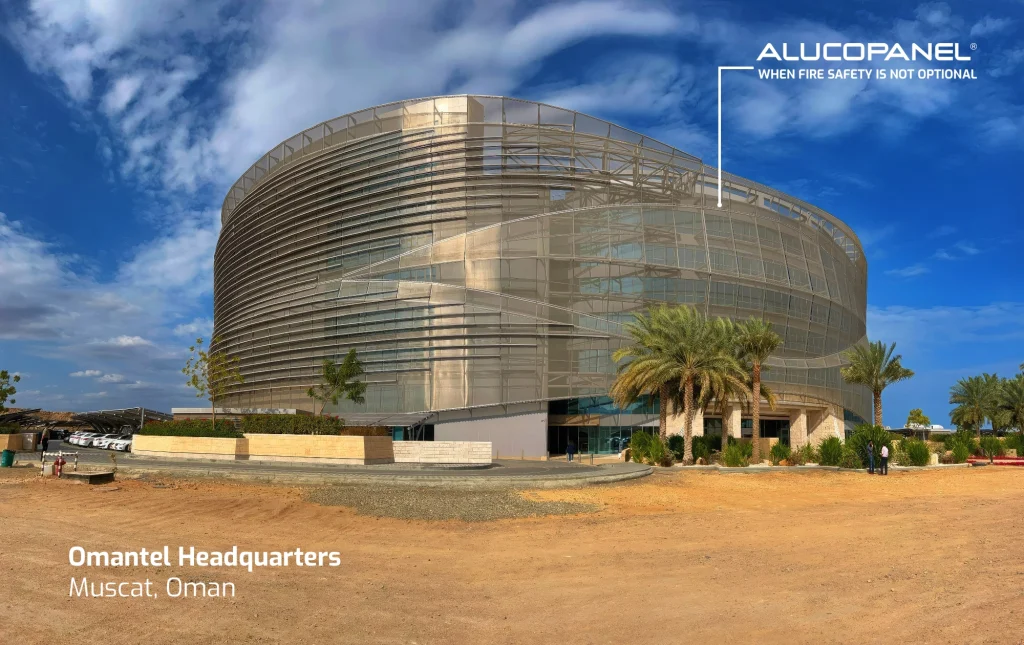 Omantel Headquarters in Muscat clad with 30,000 sqm of Alucopanel A2 ACM in Champagne Metallic finish
