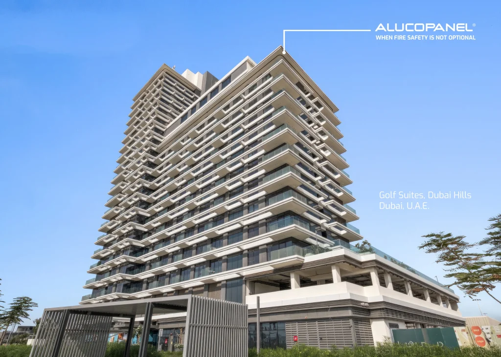 Close-up of Alucopanel® A2 panels on Golf Suites, showcasing clean lines and high-precision closed joint system for a seamless finish.