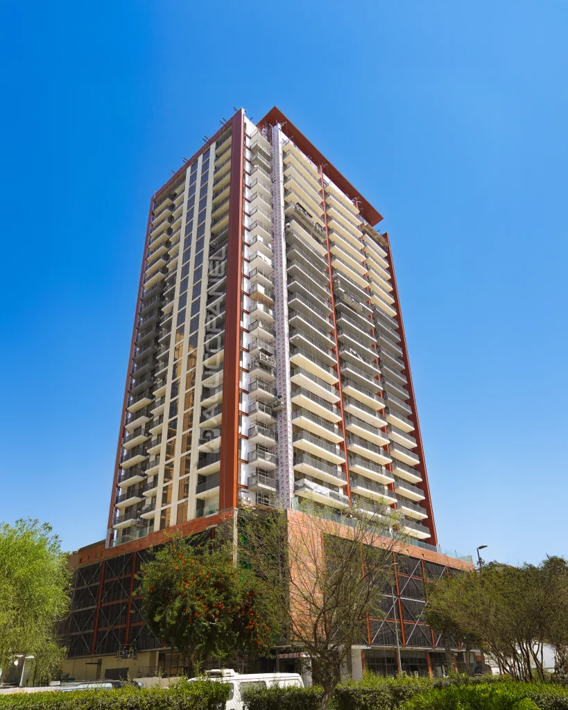 Hadley Heights residential tower in JVC Dubai clad in Alucopanel A2.