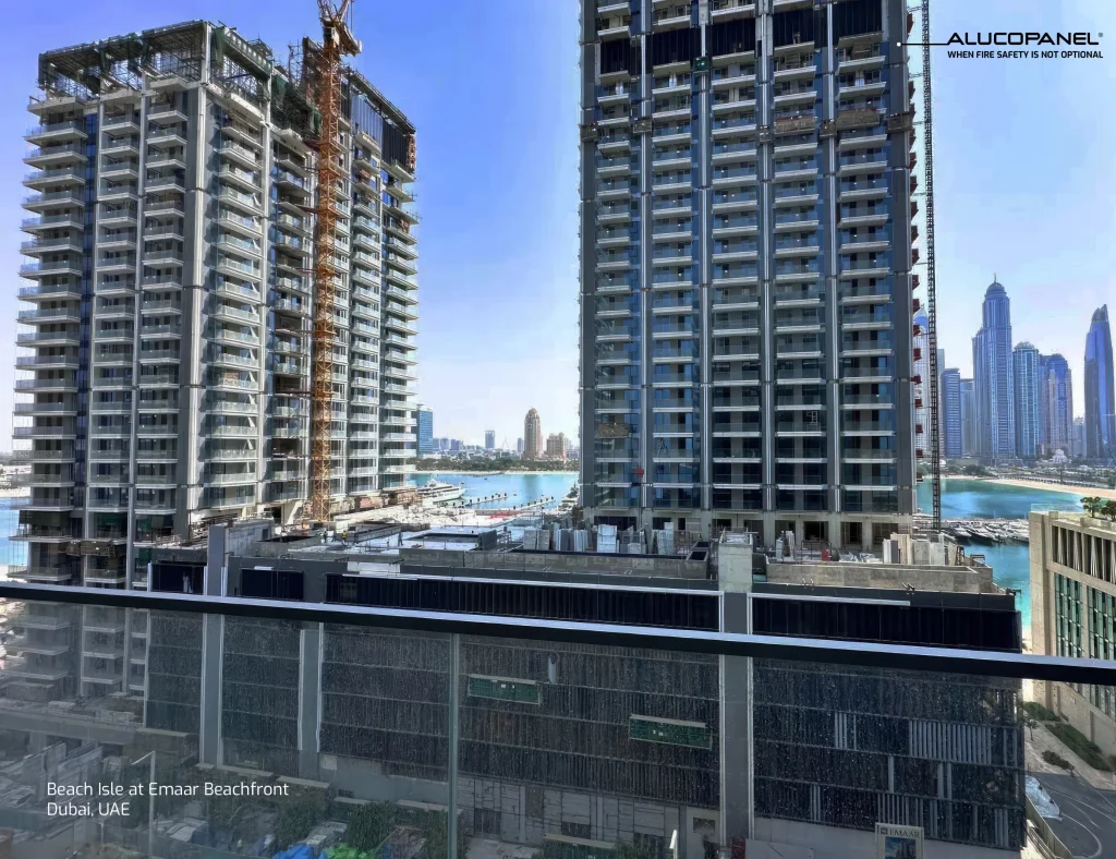 Close-up of Beach Isle’s façade detail using Alucopanel A2 Locked Core technology