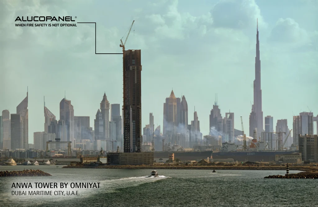 44-storey Anwa Tower by Omniyat in Dubai Maritime City, clad with custom Lexus White Alucopanel® A2 façade panels.