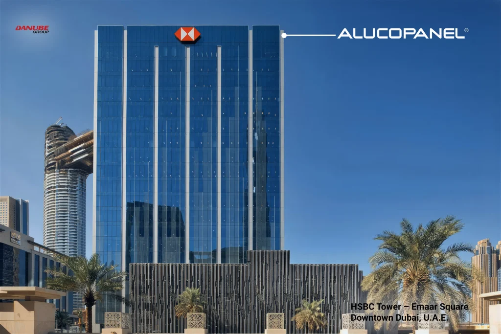 HSBC Tower at Emaar Square in Downtown Dubai clad with Alucopanel® A2 fire-safe panels.