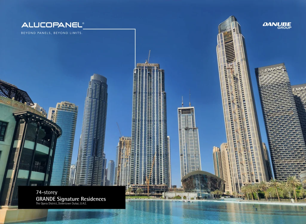 Grande Signature Residences tower in Downtown Dubai clad with Alucopanel® A2 fire-safe aluminium composite panels