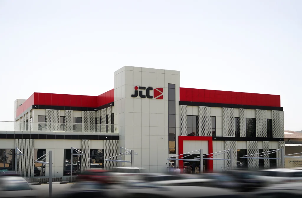 Alucopanel A2 cladded façade of JTC Company, designed with striking color contrasts and certified fire resistance.