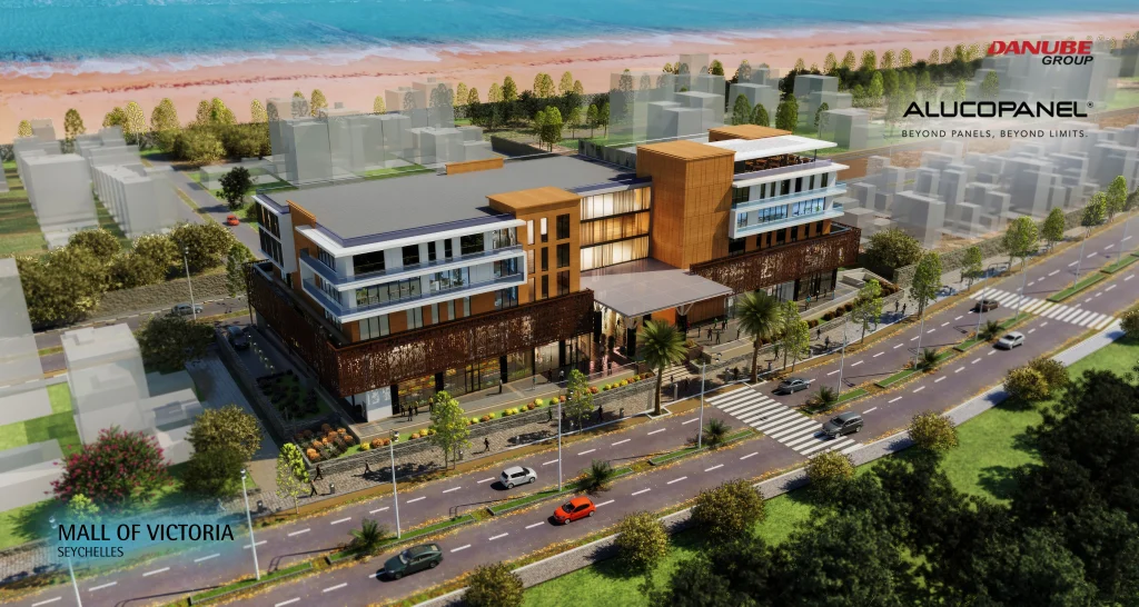 Mall of Victoria façade in Seychelles clad with Alucopanel® APL W60 Oak Wood Grain panels and white PVDF finish