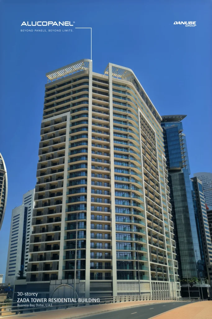 ZADA Tower Business Bay Dubai clad with Alucopanel® A2 high-gloss pearl white aluminium composite panels