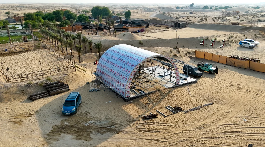 Building exterior with Alucopanel FR wood finish panels at Al Marmoom Oasis