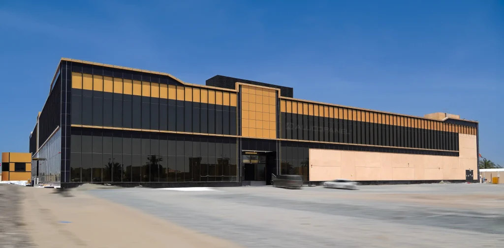 Full front elevation of large commercial building clad in ALUCOPANEL® metallic gold and jet black composite panels with reflective glass façade in UAE