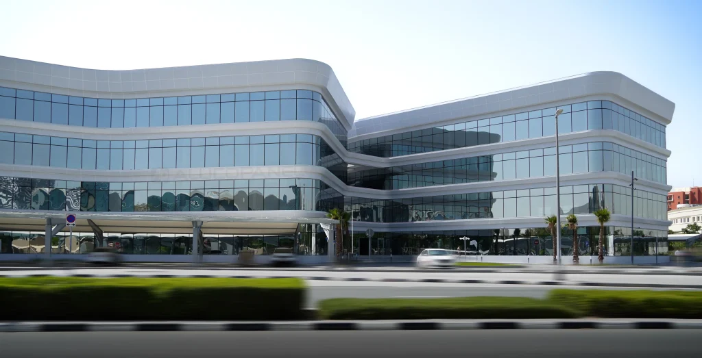 Techno Hub office exterior with egg white panel cladding in Dubai
